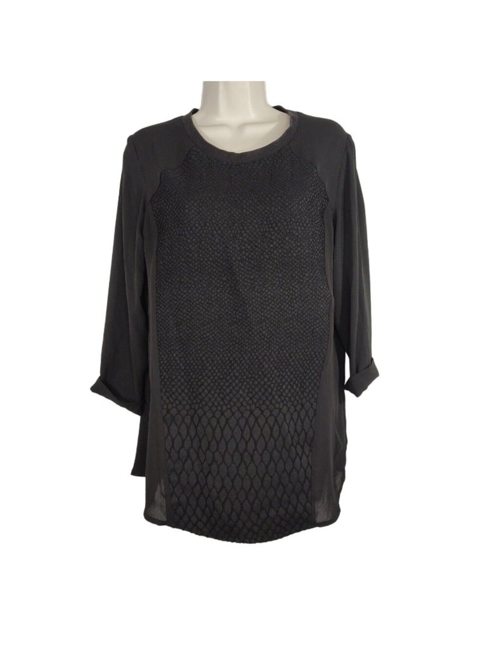 H&M Divided Black Tunic Top Women Size 4 Textured 3/4 Sleeve Minimalist Office